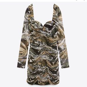 ZARA DRAPED TULLE MINI DRESS Marble Green XXL